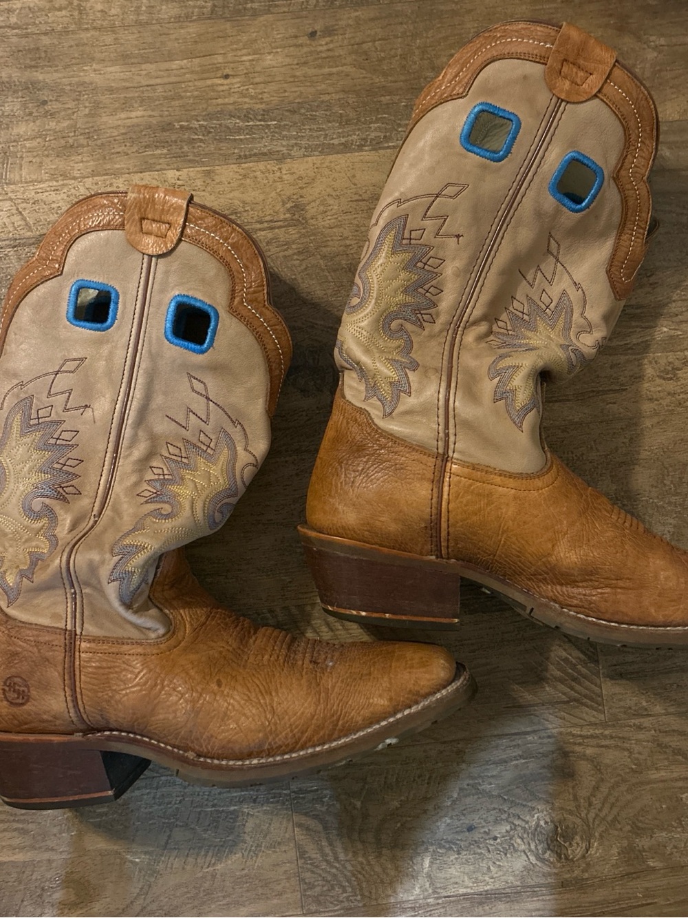 Double H Tan & Light Beige Western Boots with Blue Accent size 11D